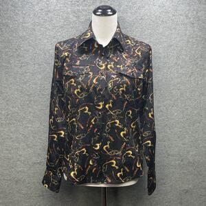 VTG Ace of Diamond Womens M Western Shirt Black Gold Equestrian Chain Pearl Snap